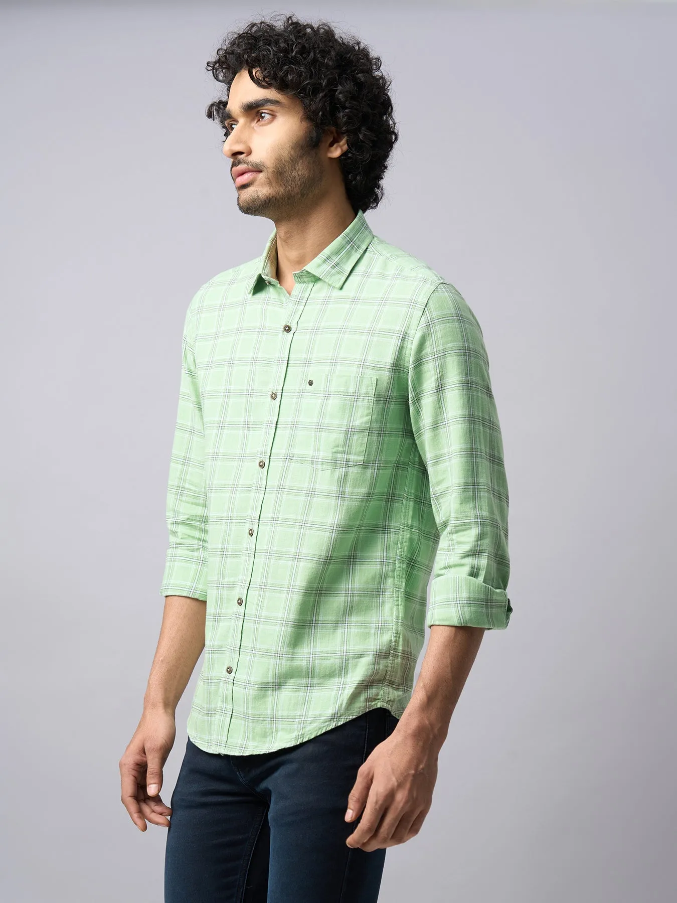 100% Cotton Pista Green Checkered Slim Fit Full Sleeve Casual Shirt