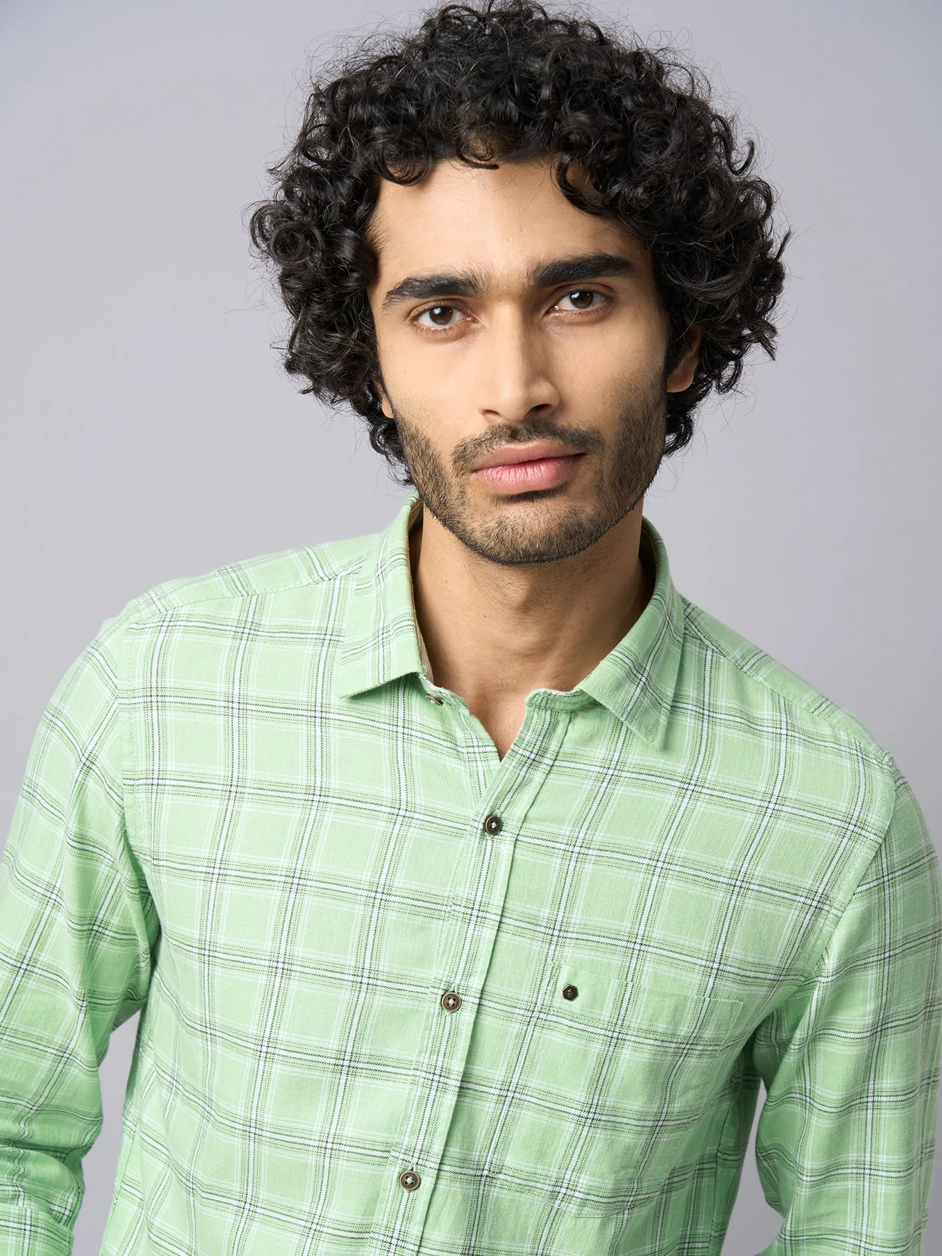 100% Cotton Pista Green Checkered Slim Fit Full Sleeve Casual Shirt