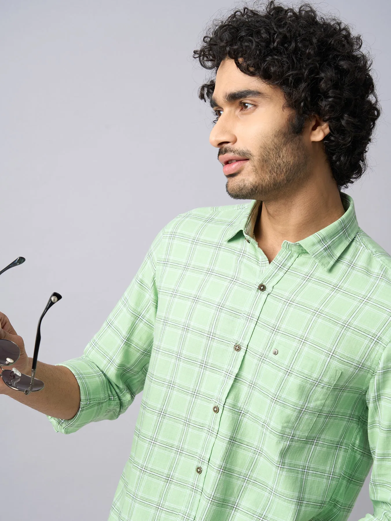 100% Cotton Pista Green Checkered Slim Fit Full Sleeve Casual Shirt