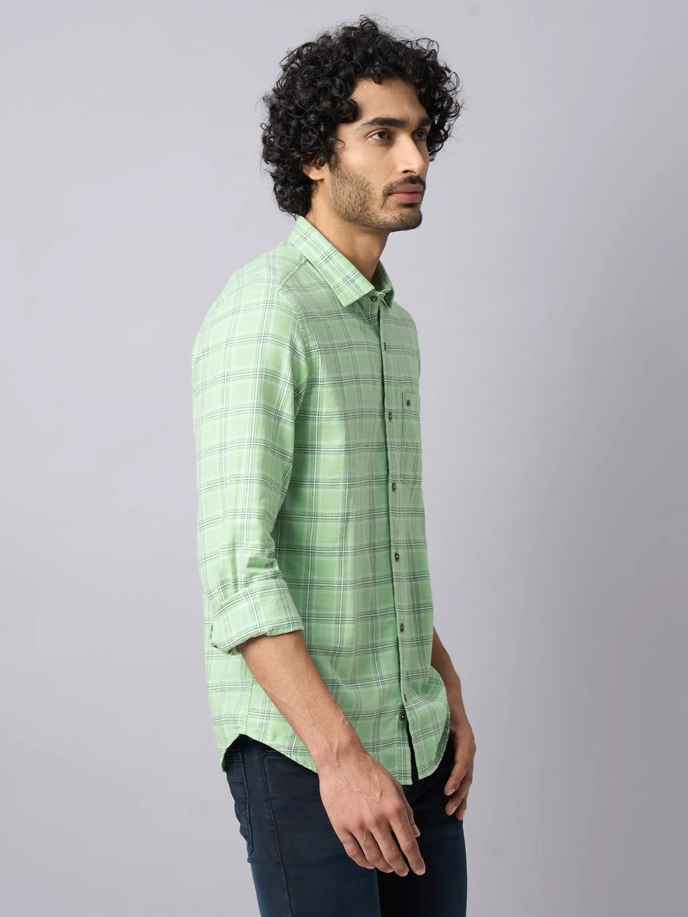 100% Cotton Pista Green Checkered Slim Fit Full Sleeve Casual Shirt