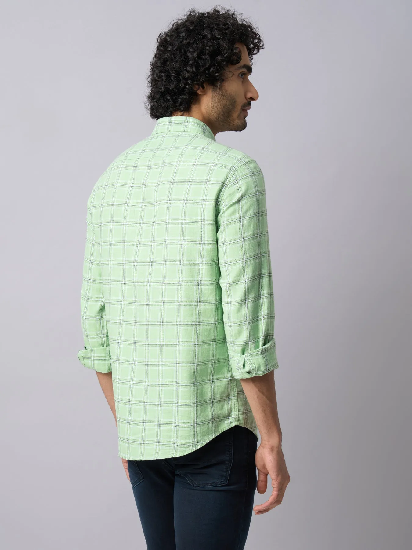 100% Cotton Pista Green Checkered Slim Fit Full Sleeve Casual Shirt