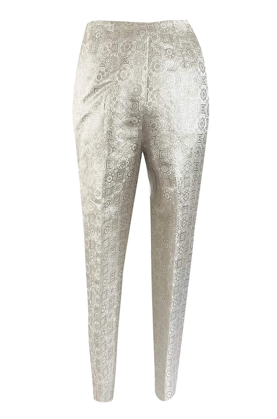 1960s Malcolm Starr Silver Silk Brocade Pant & Tunic Set w Extensive Beaded Detailing