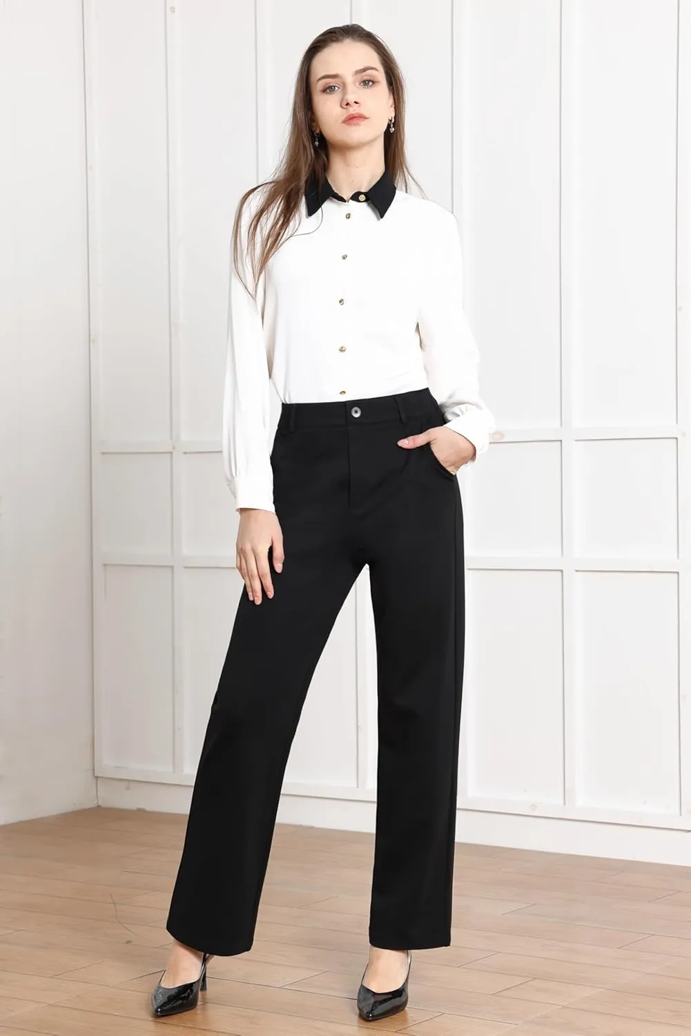 Balleay Art Women Straight Leg Dress Pants High Elastic Waisted Slacks Business Casual Work Office Trousers