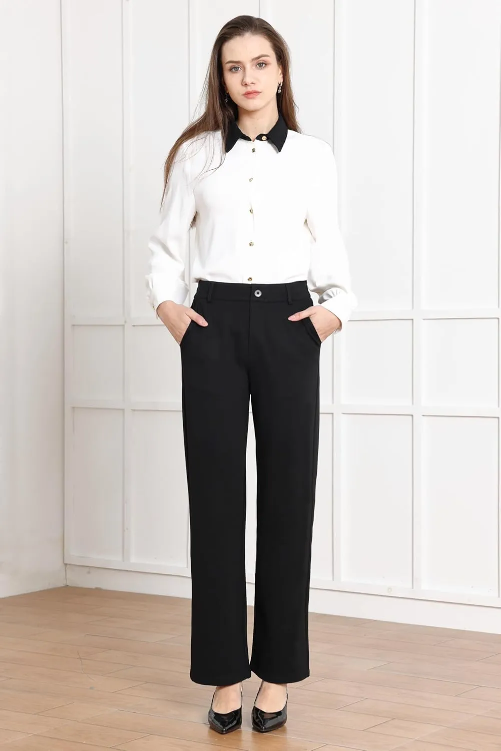 Balleay Art Women Straight Leg Dress Pants High Elastic Waisted Slacks Business Casual Work Office Trousers