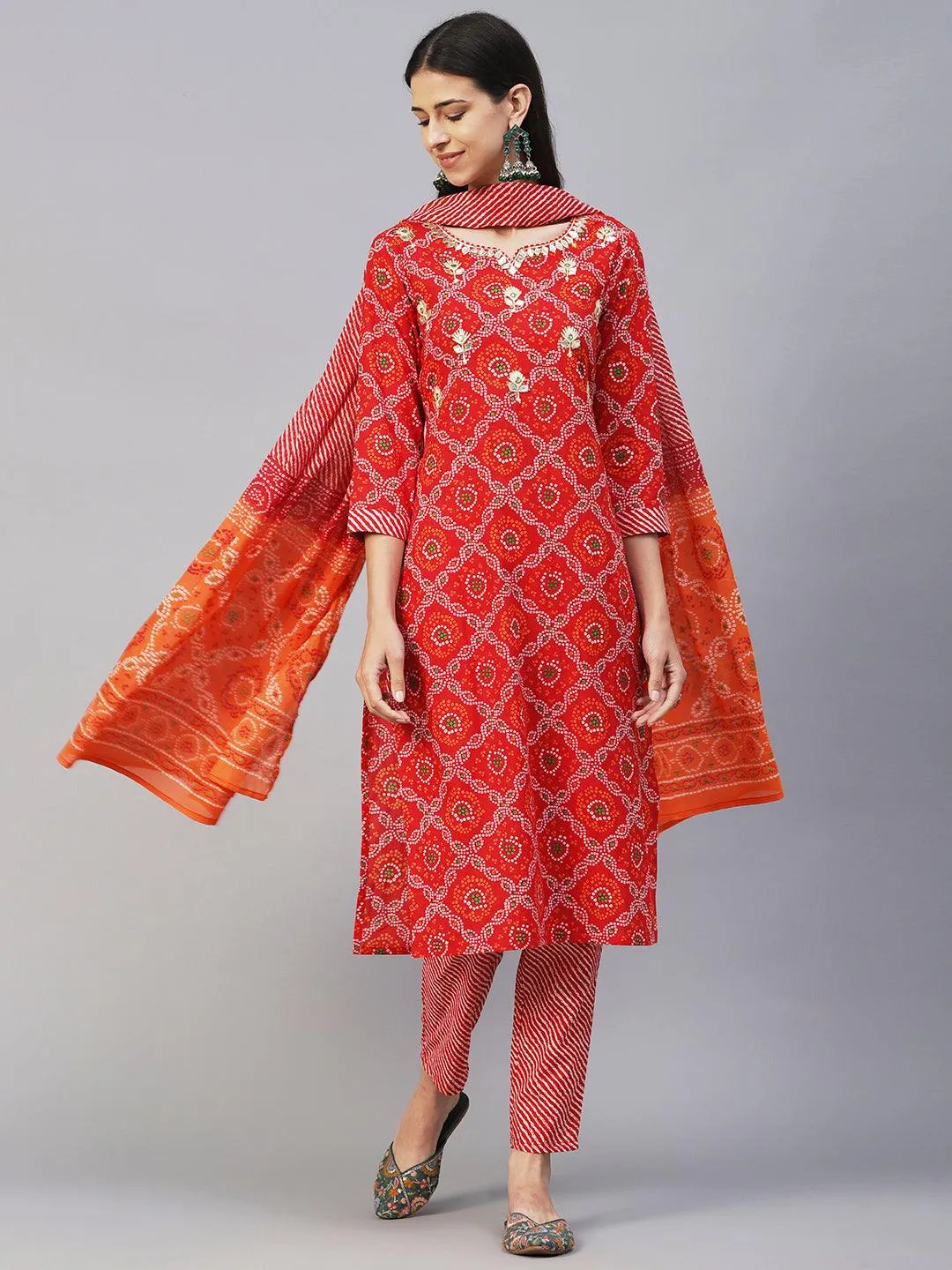 Bandhani Printed Gotapatti & Mirror Embroidered Kurta With Lehriya Pants & Dupatta - Red