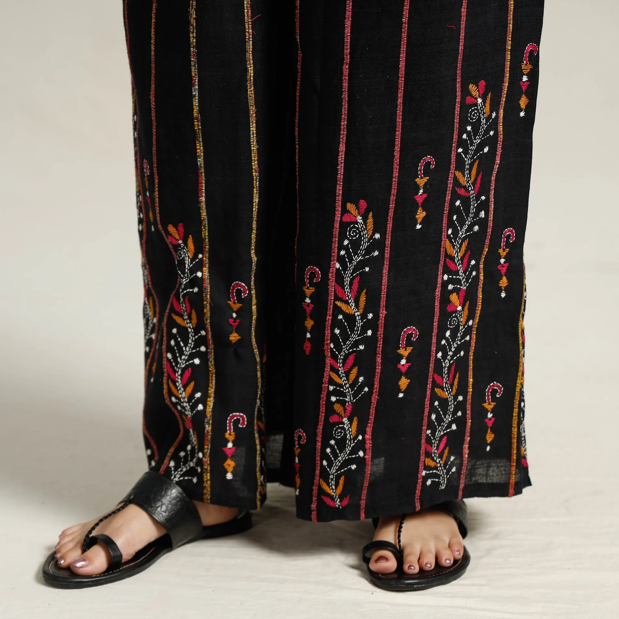 Black - Bengal Khesh Weaving Kantha Embroidery Cotton Palazzo 31