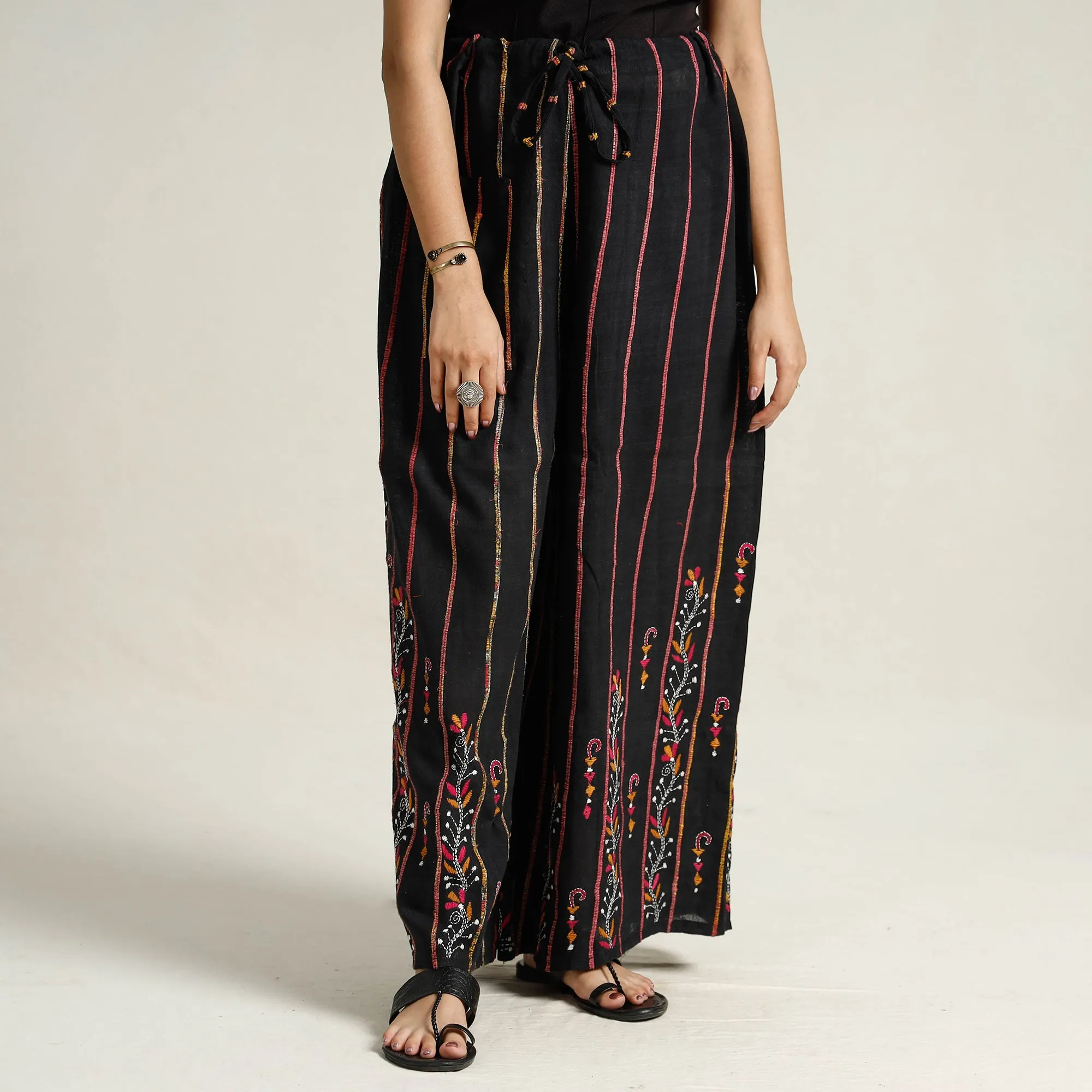Black - Bengal Khesh Weaving Kantha Embroidery Cotton Palazzo 31