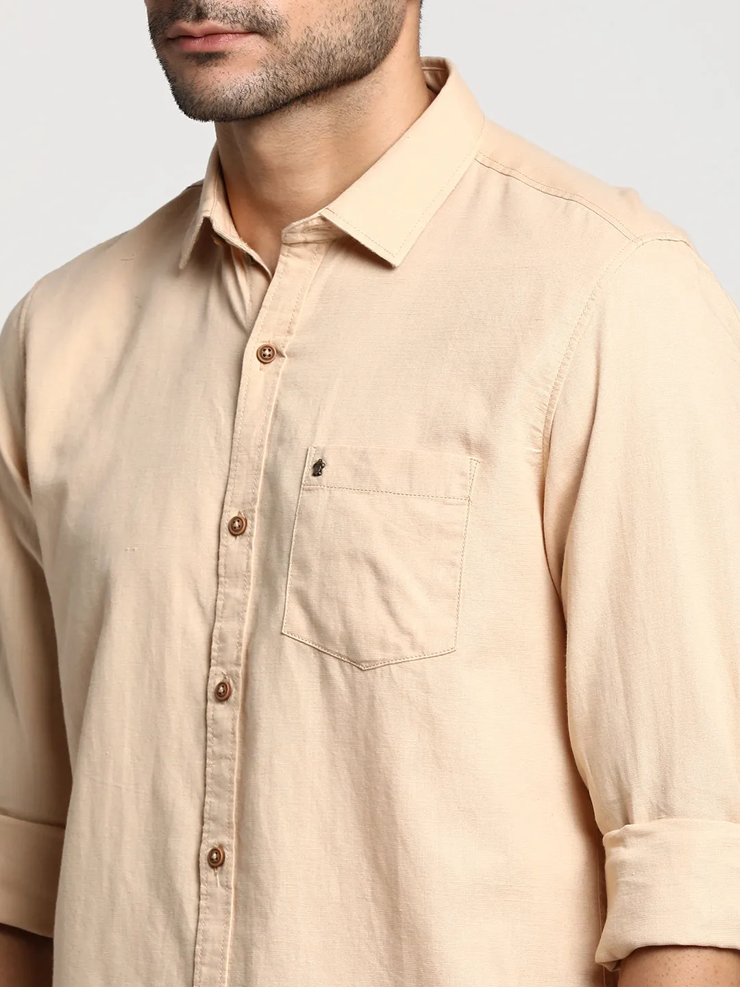 Cotton Linen Beige Slim Fit Solid Casual Shirt