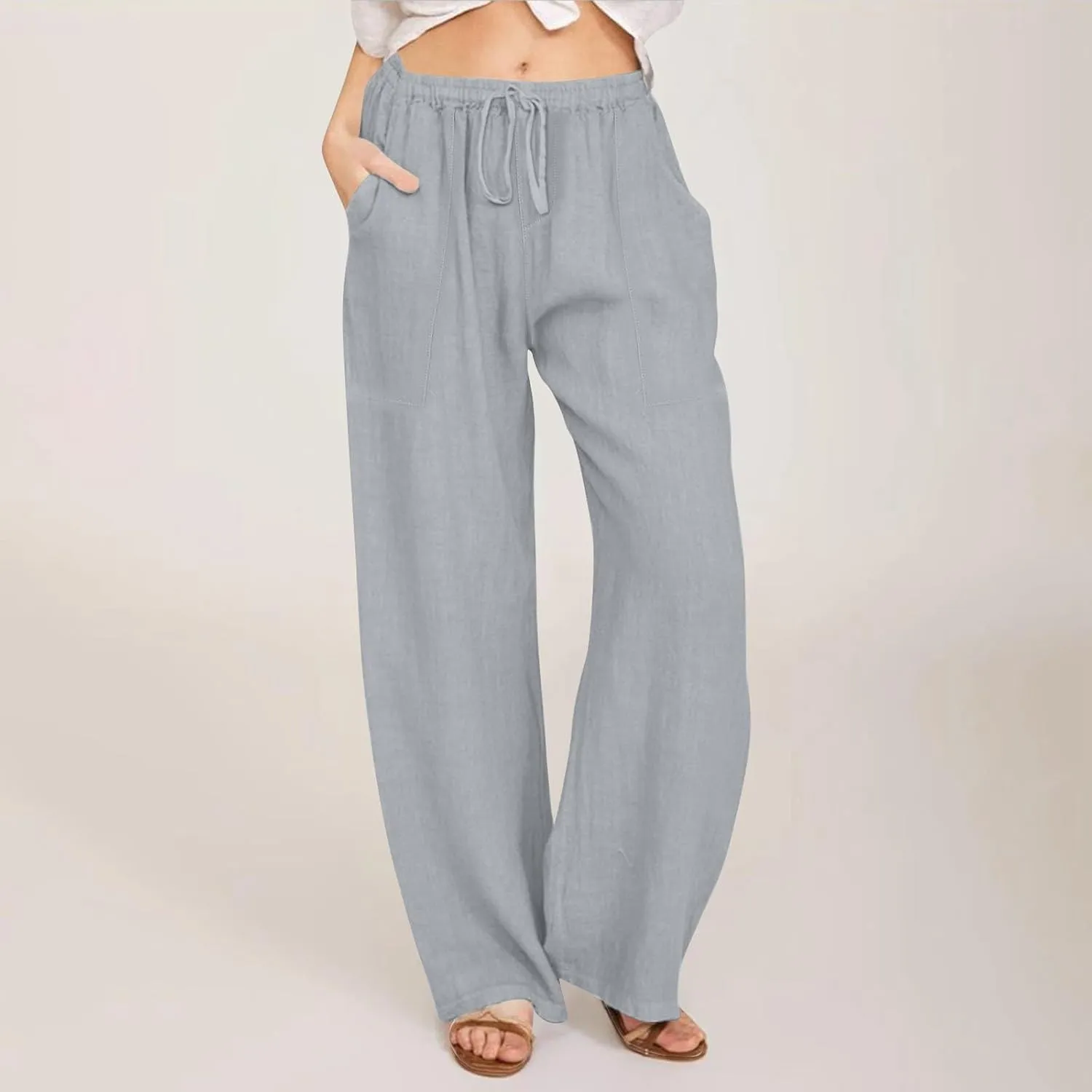 Cotton Linen Capri Pants for Women Flowy Wide Leg Summer High Waisted, Black Cargo Pants Women Golf Trousers