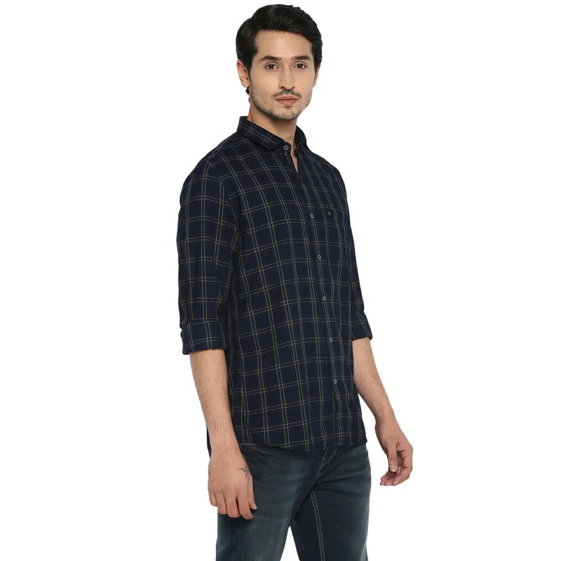 Cotton Navy Blue Slim Fit Checkered Shirt