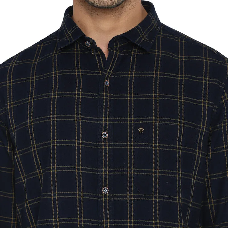 Cotton Navy Blue Slim Fit Checkered Shirt