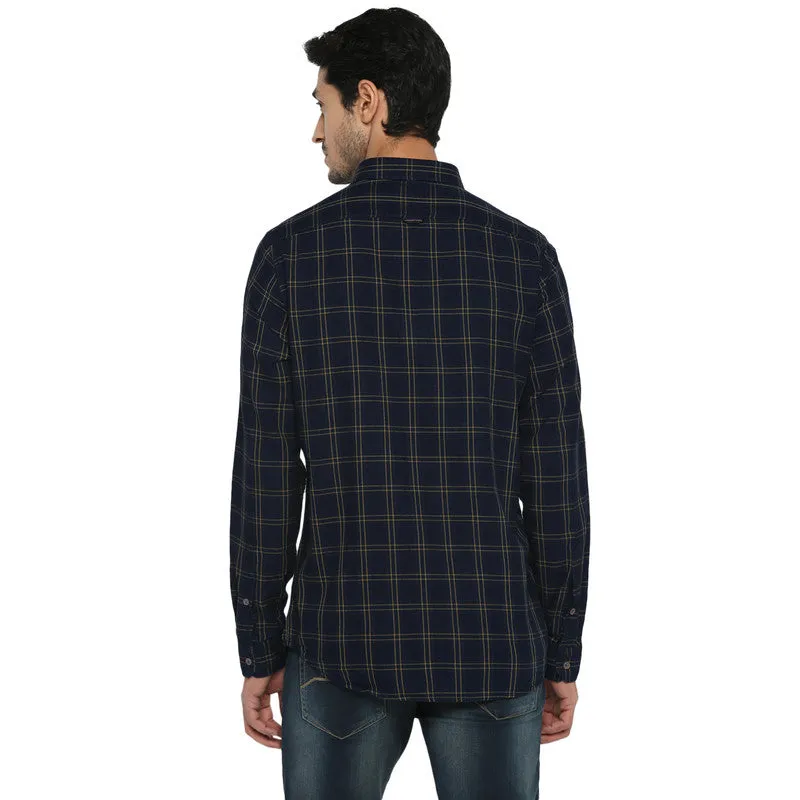Cotton Navy Blue Slim Fit Checkered Shirt
