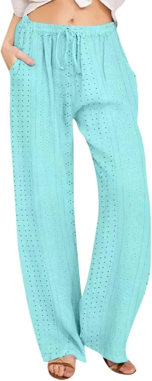 Eyelet Embroidered Pants for Women Wide Leg Casual Summer Pant Drawstring Elastic Waist Palazzo Lounge Trousers