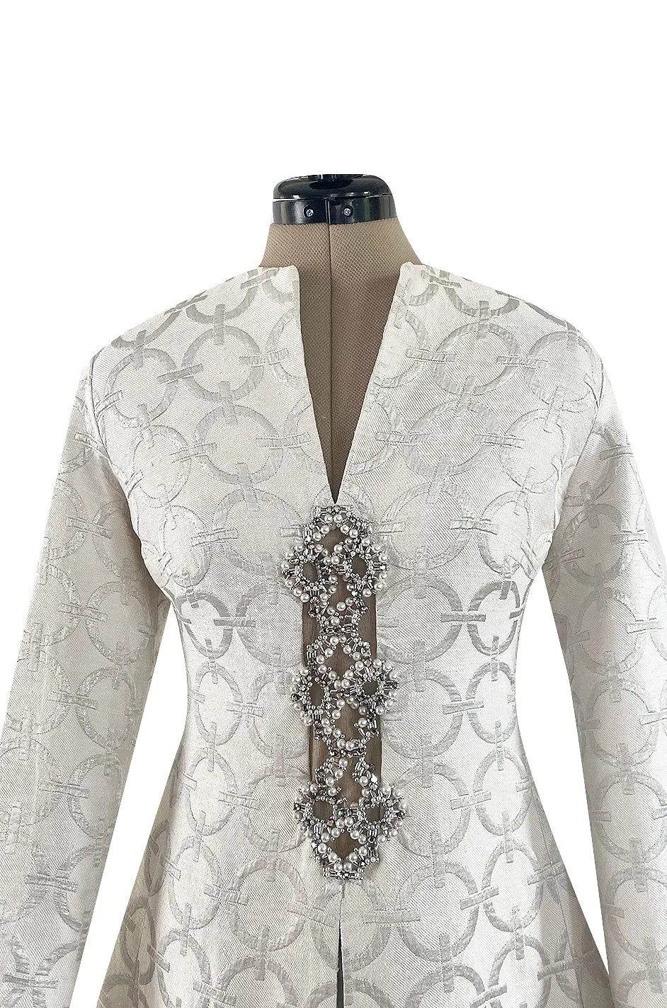 Fabulous 1960s Silver & White Brocade Tunic & Pant Set w Beaded Front Cut Out