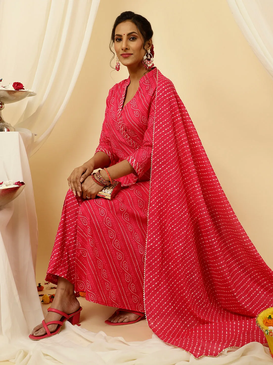Fuchsia Pink Bandhani Angrakha Kurta With Leheriya Pants And Dupatta