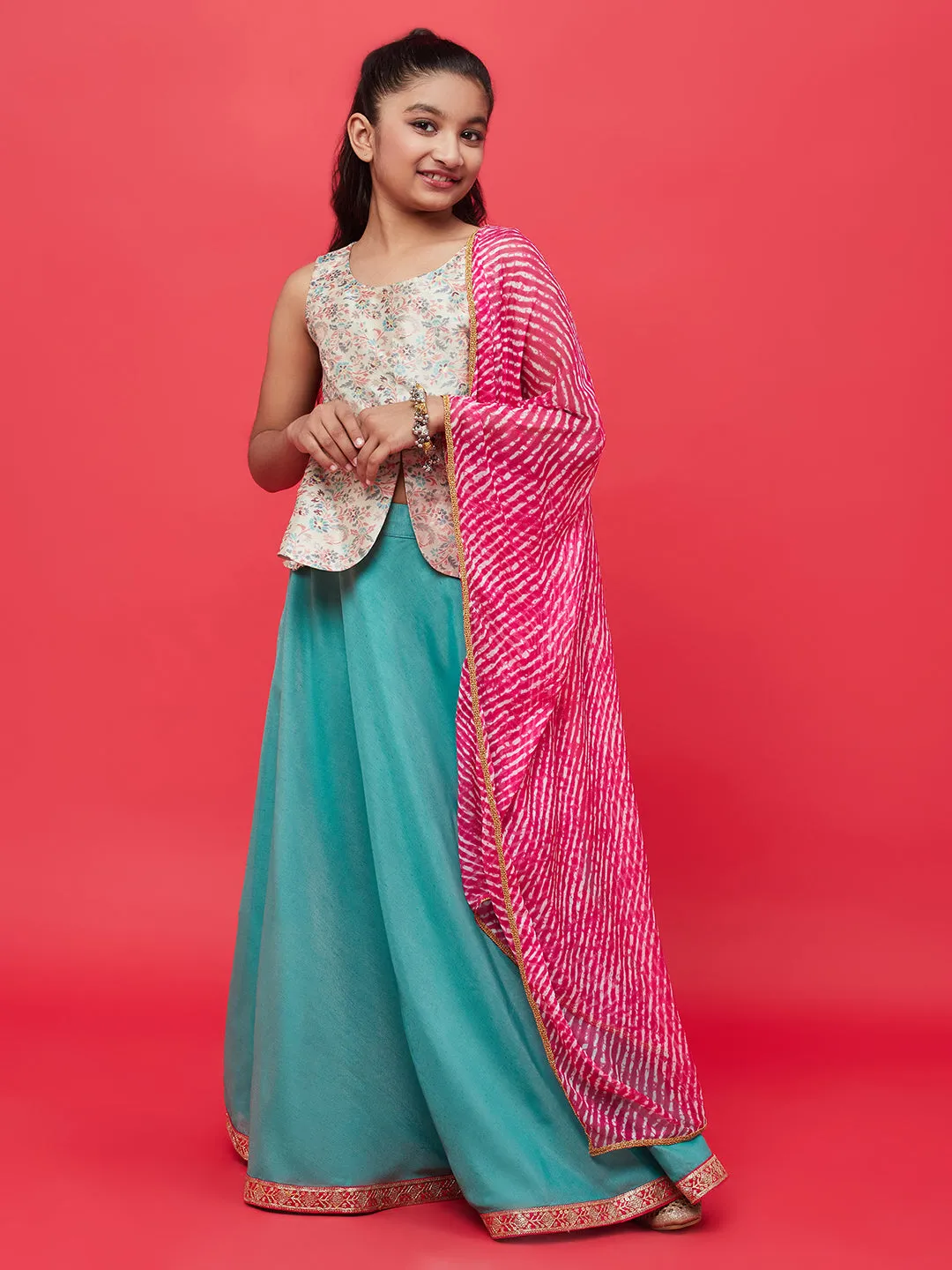 Girl's Green Printed Lehenga Choli With Dupatta - Aks Girls