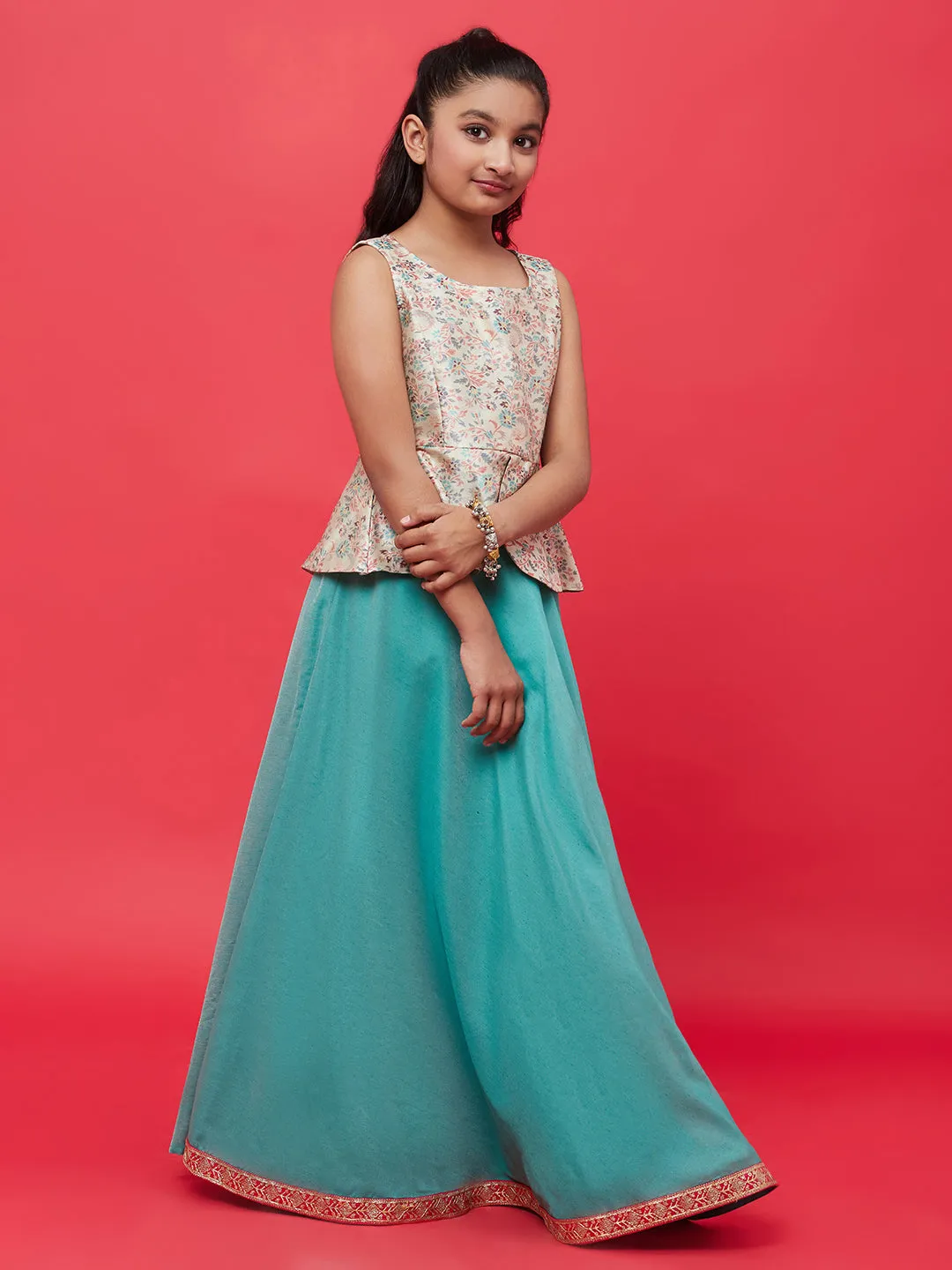 Girl's Green Printed Lehenga Choli With Dupatta - Aks Girls