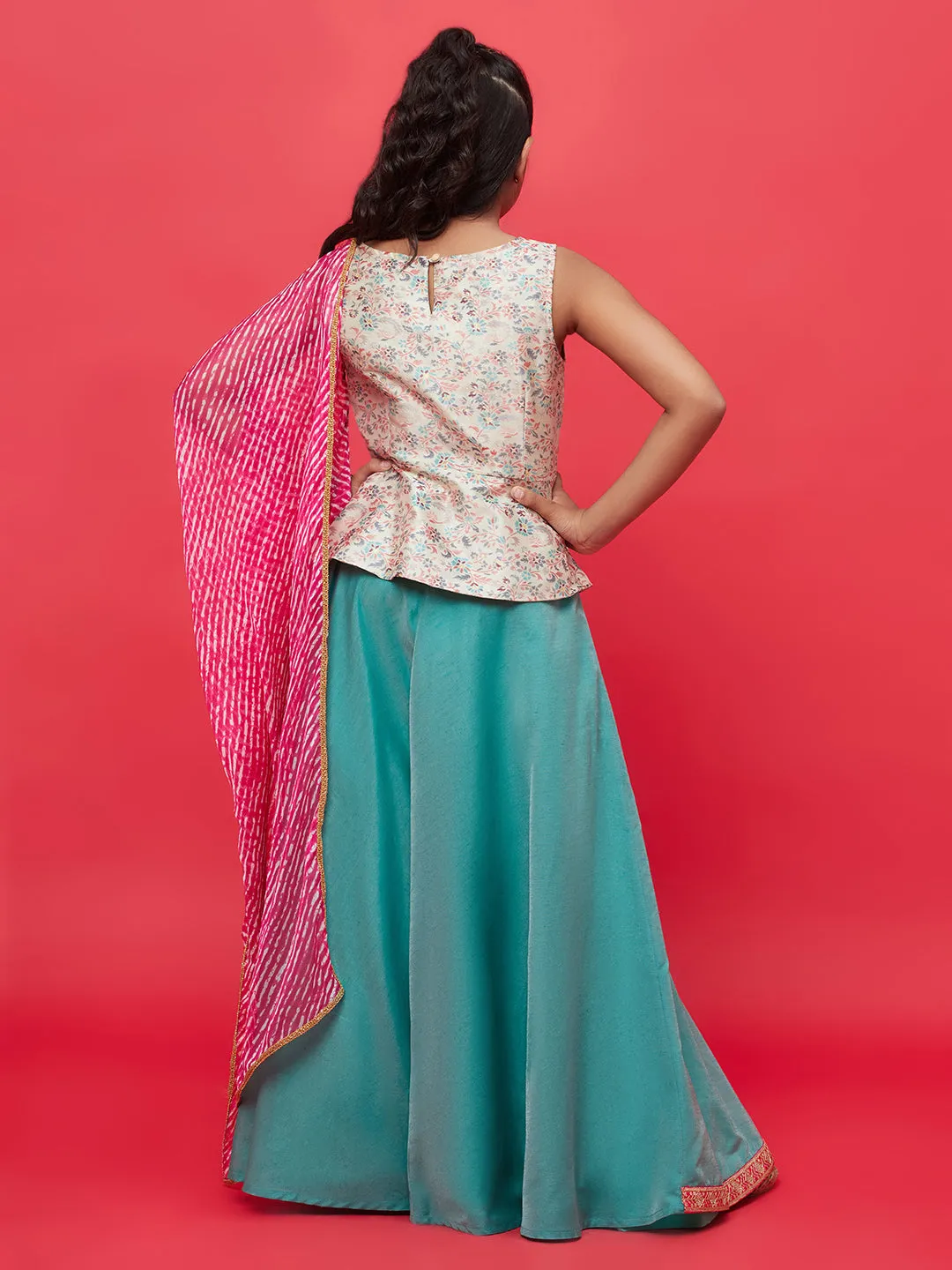 Girl's Green Printed Lehenga Choli With Dupatta - Aks Girls