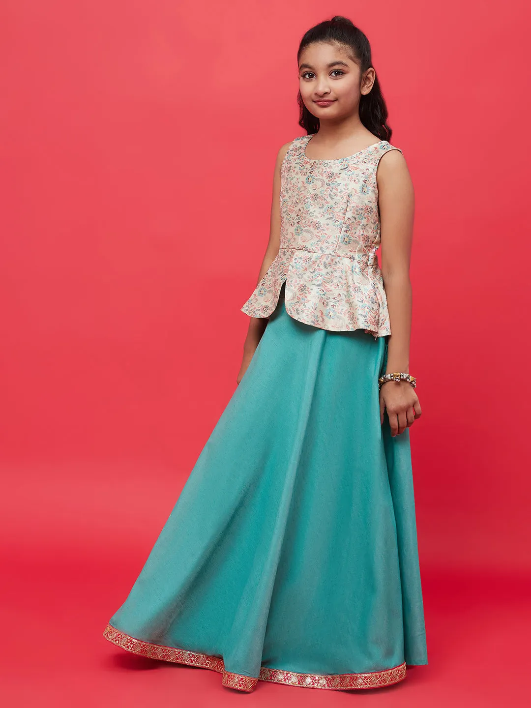 Girl's Green Printed Lehenga Choli With Dupatta - Aks Girls