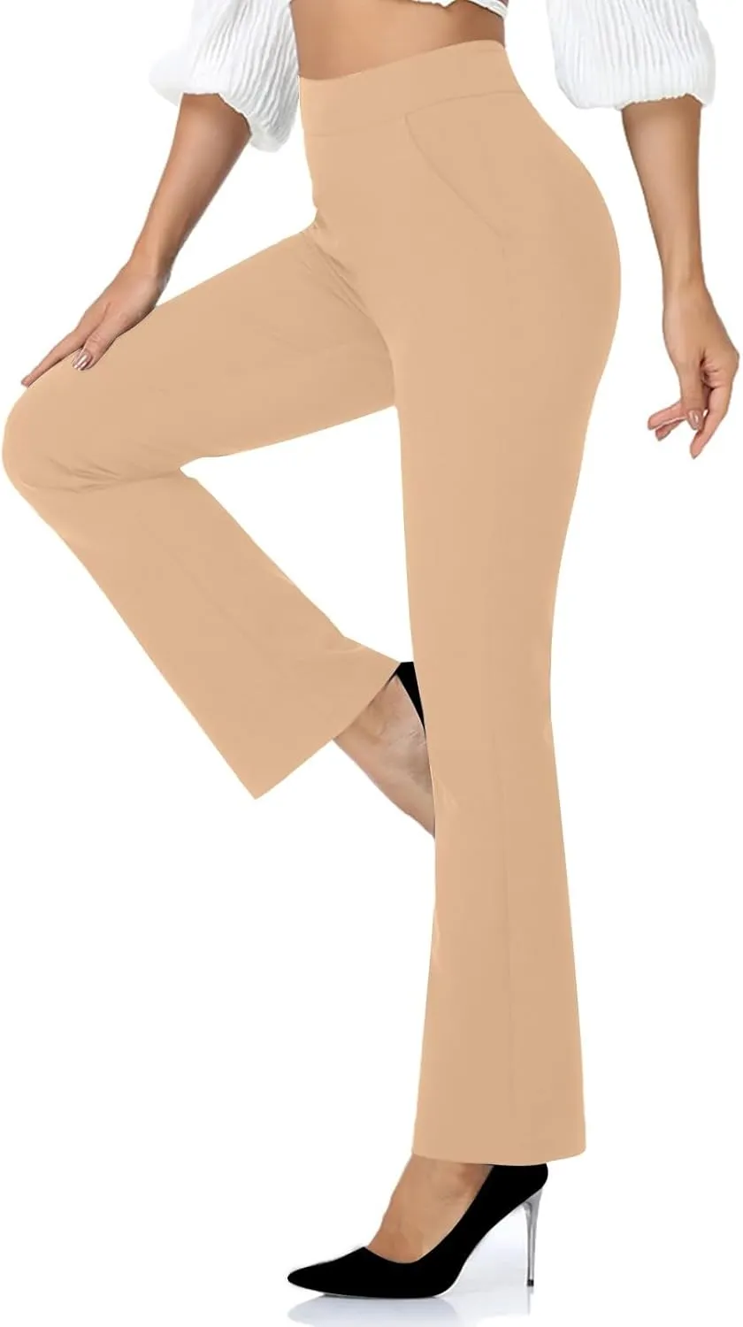 High Waisted Dress Pants for Women Bootcut Elastic Waist Pull On Work Slacks Stretchy Trousers Flared Yoga Leggings