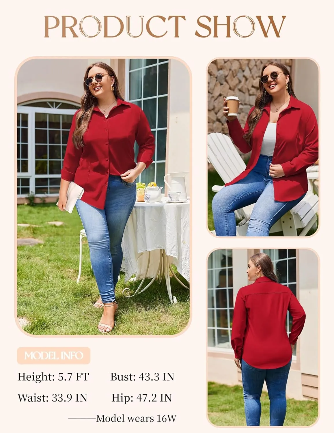 IN'VOLAND Women's Plus Size Button Down Shirts Long Sleeve Collared Casual Shirt Office Work Blouse Tops