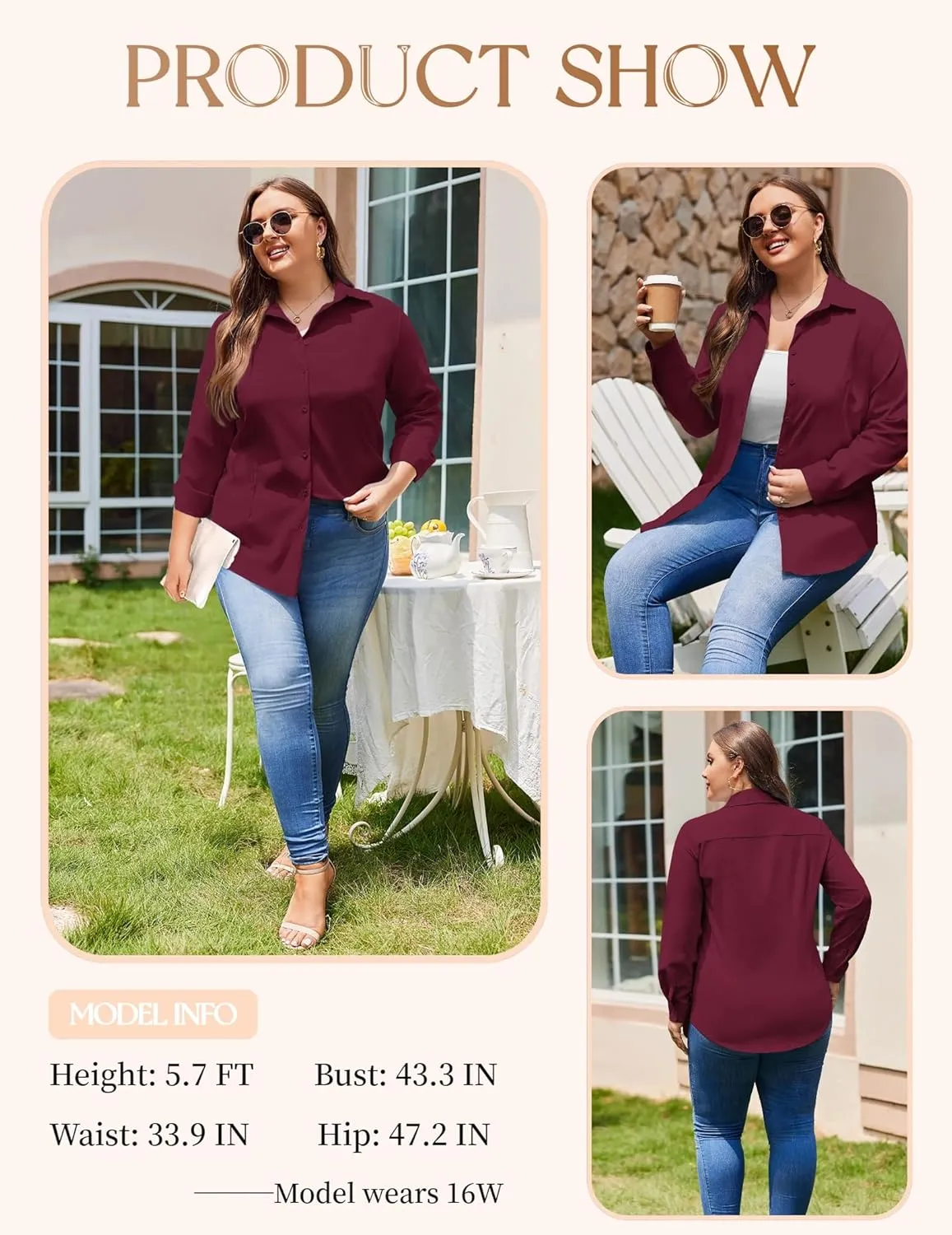 IN'VOLAND Women's Plus Size Button Down Shirts Long Sleeve Collared Casual Shirt Office Work Blouse Tops