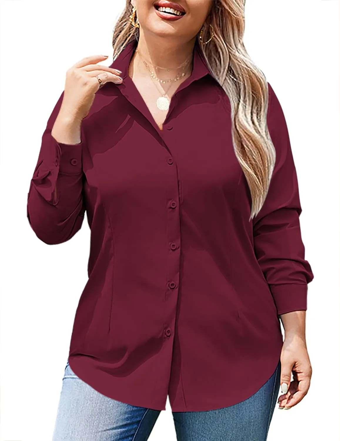 IN'VOLAND Women's Plus Size Button Down Shirts Long Sleeve Collared Casual Shirt Office Work Blouse Tops