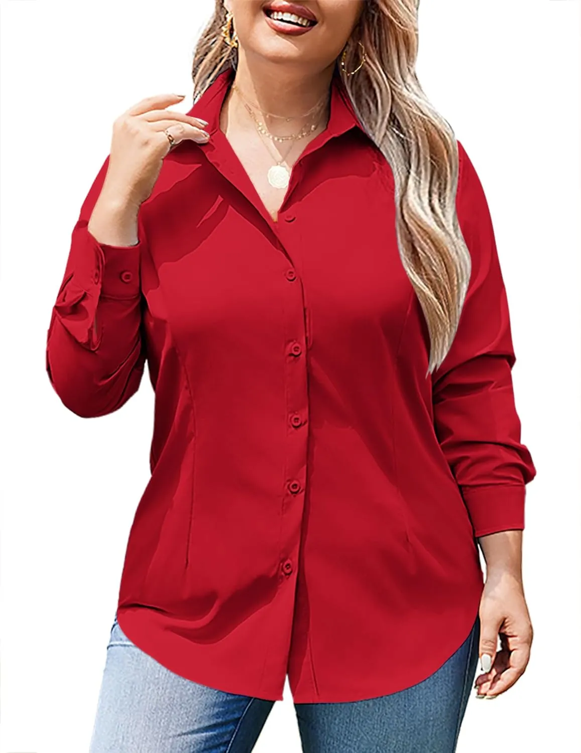 IN'VOLAND Women's Plus Size Button Down Shirts Long Sleeve Collared Casual Shirt Office Work Blouse Tops
