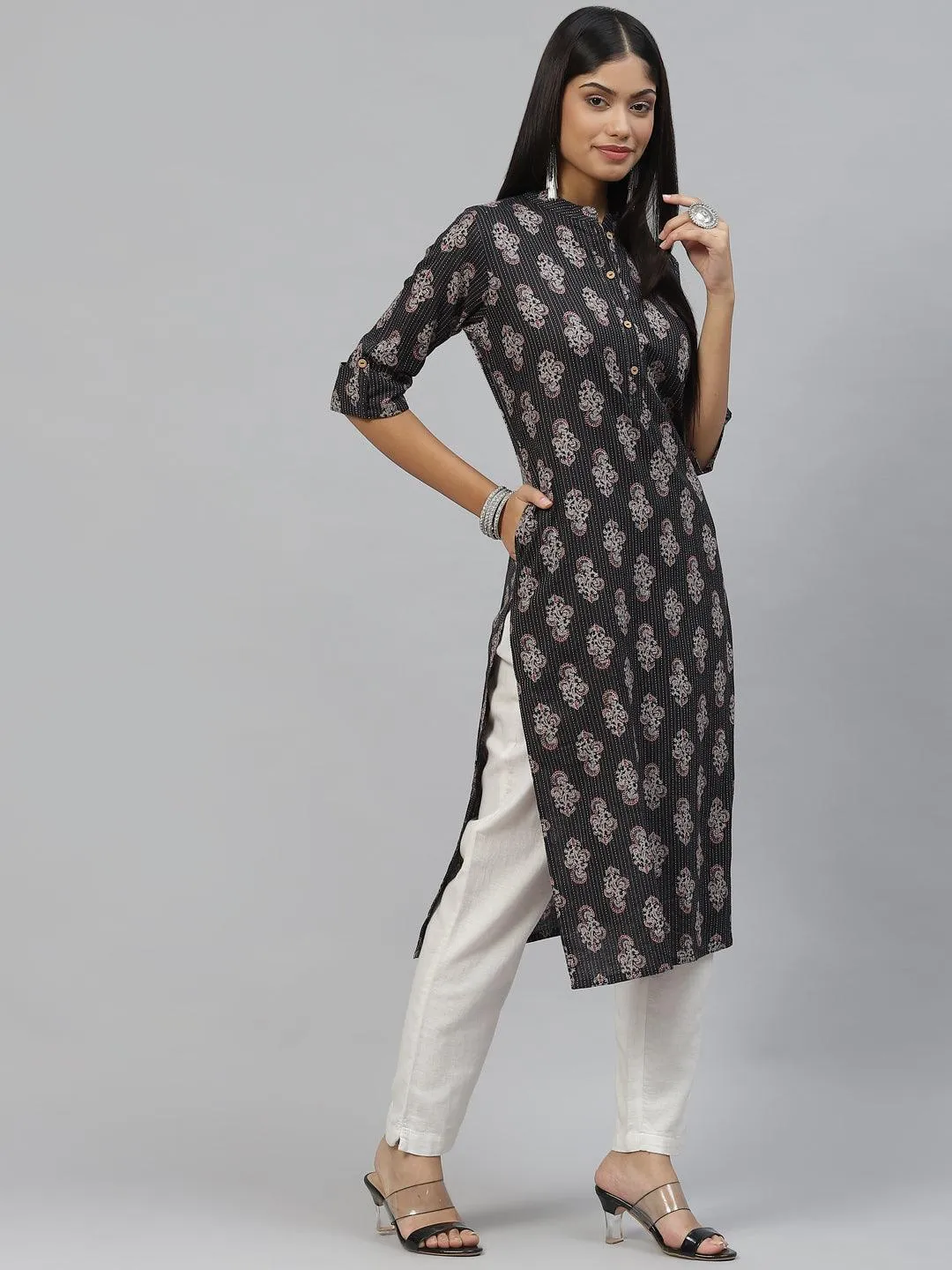 Jashvi Black and Grey Cotton Straight Kurta
