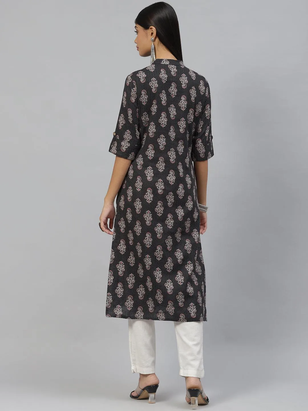Jashvi Black and Grey Cotton Straight Kurta