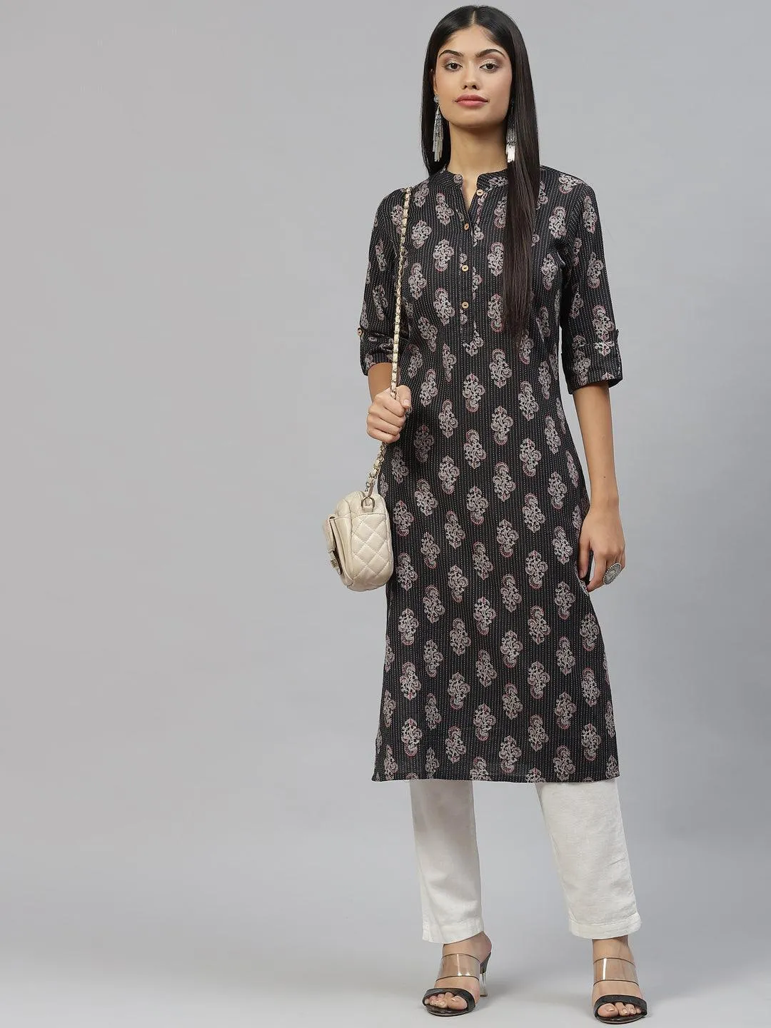 Jashvi Black and Grey Cotton Straight Kurta