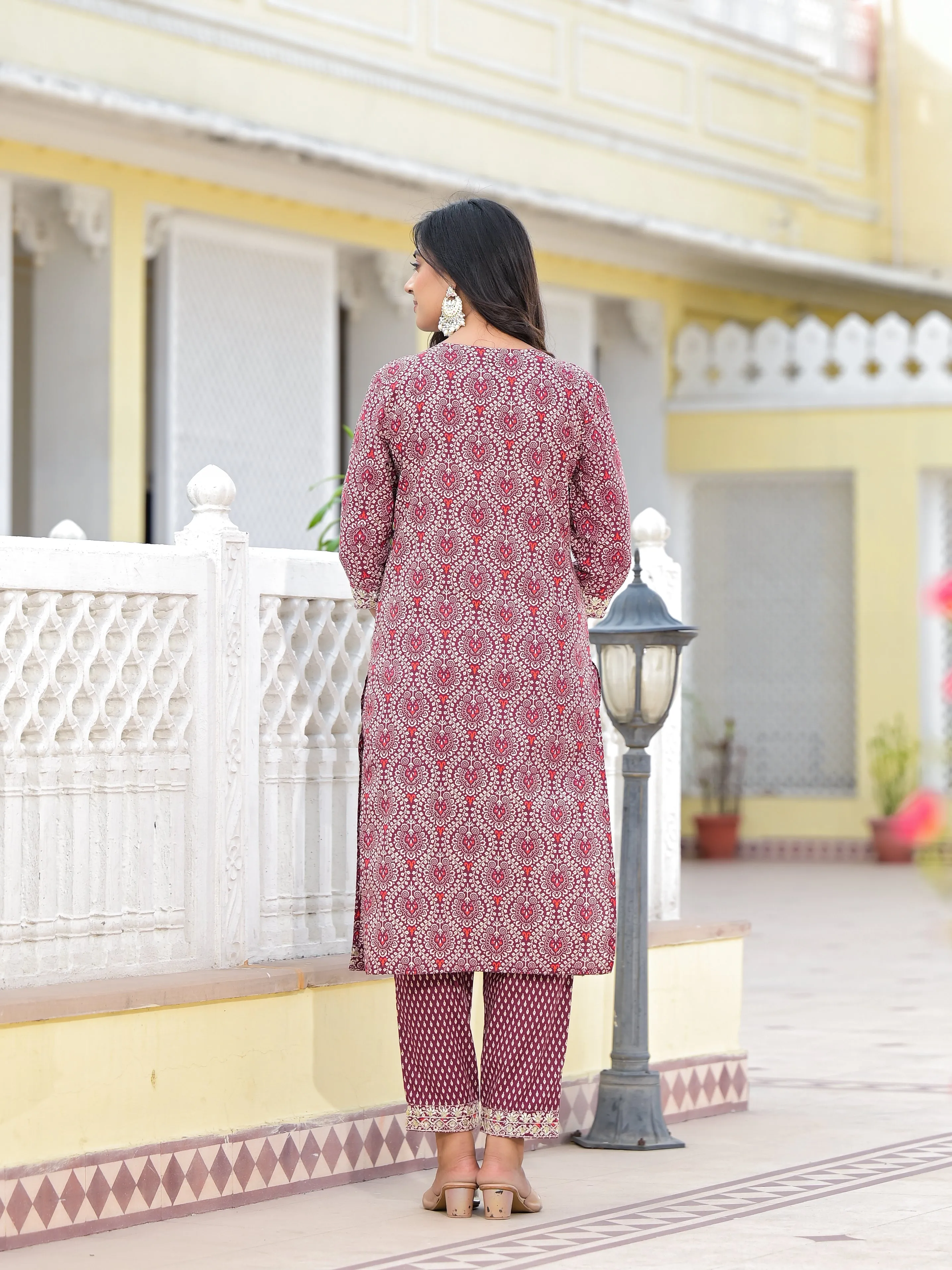 Jashvi Wine Ethnic Motif Printed Cotton Kurta, Pant And Dupatta Set With Zari Work & Sequins
