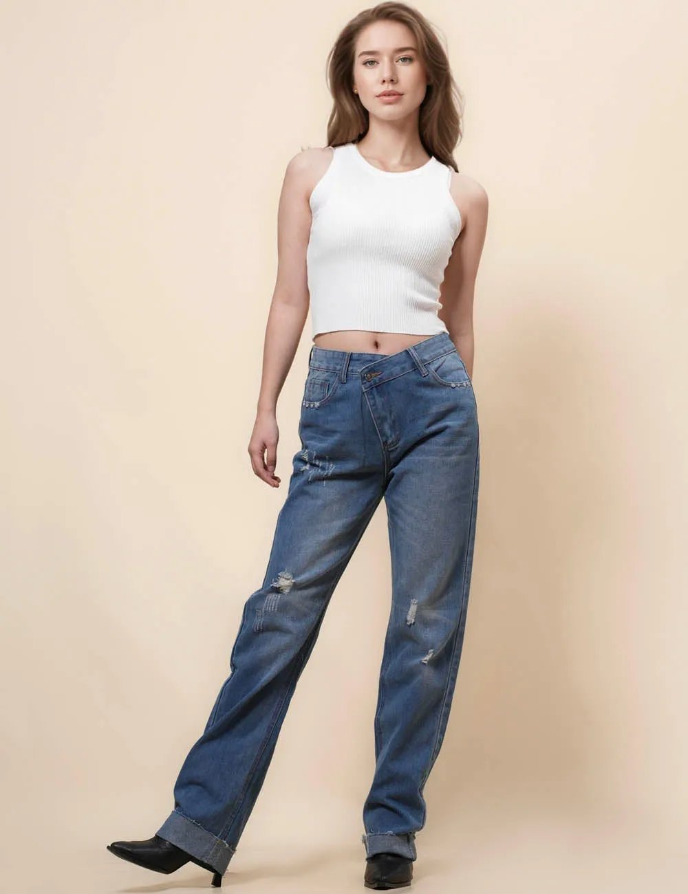 Ladies Mid Rise Jeans Stright Leg Denim Pants SKP41038
