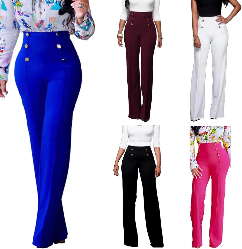 Lucuna Women's High Waisted Work Pants Button Straight Leg Slacks Business Office Dress Pants Trousers