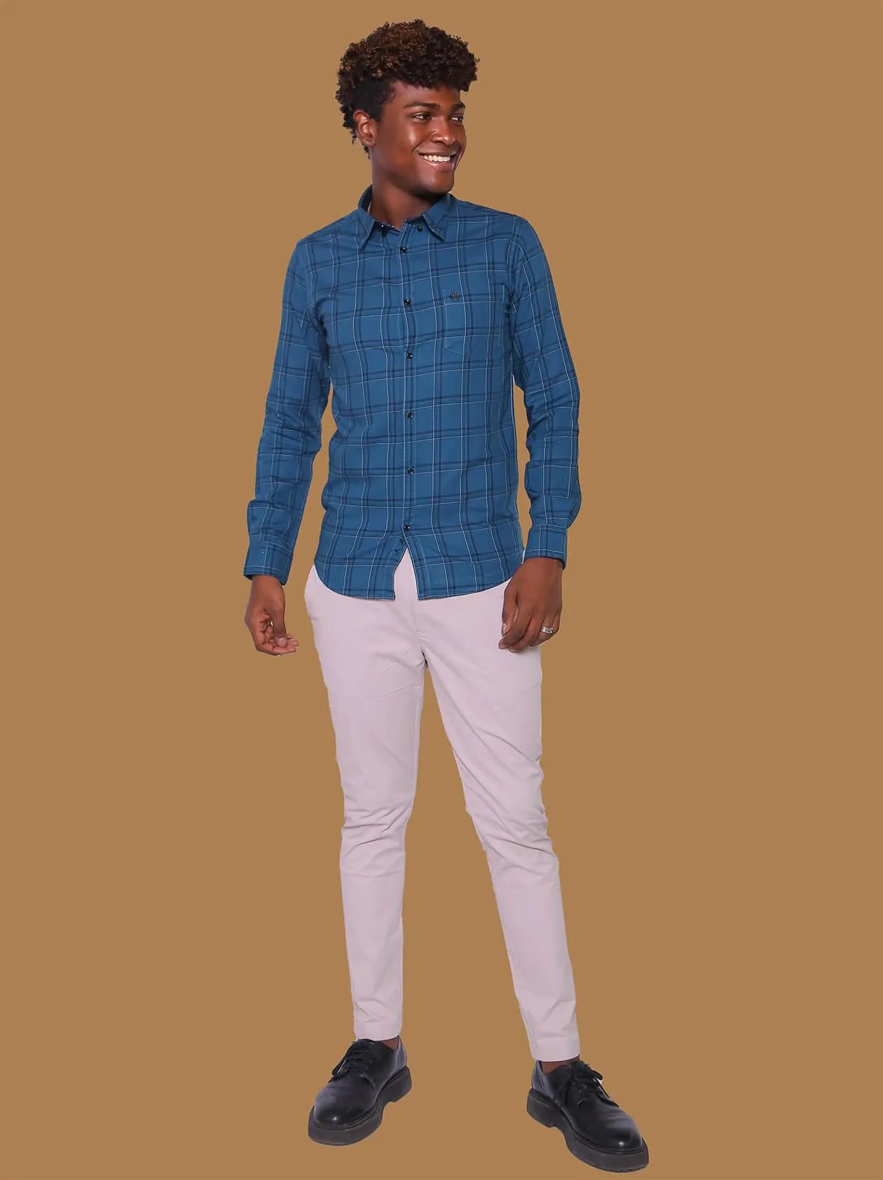 Men Teal Blue Checked Shirt (GBM9003)