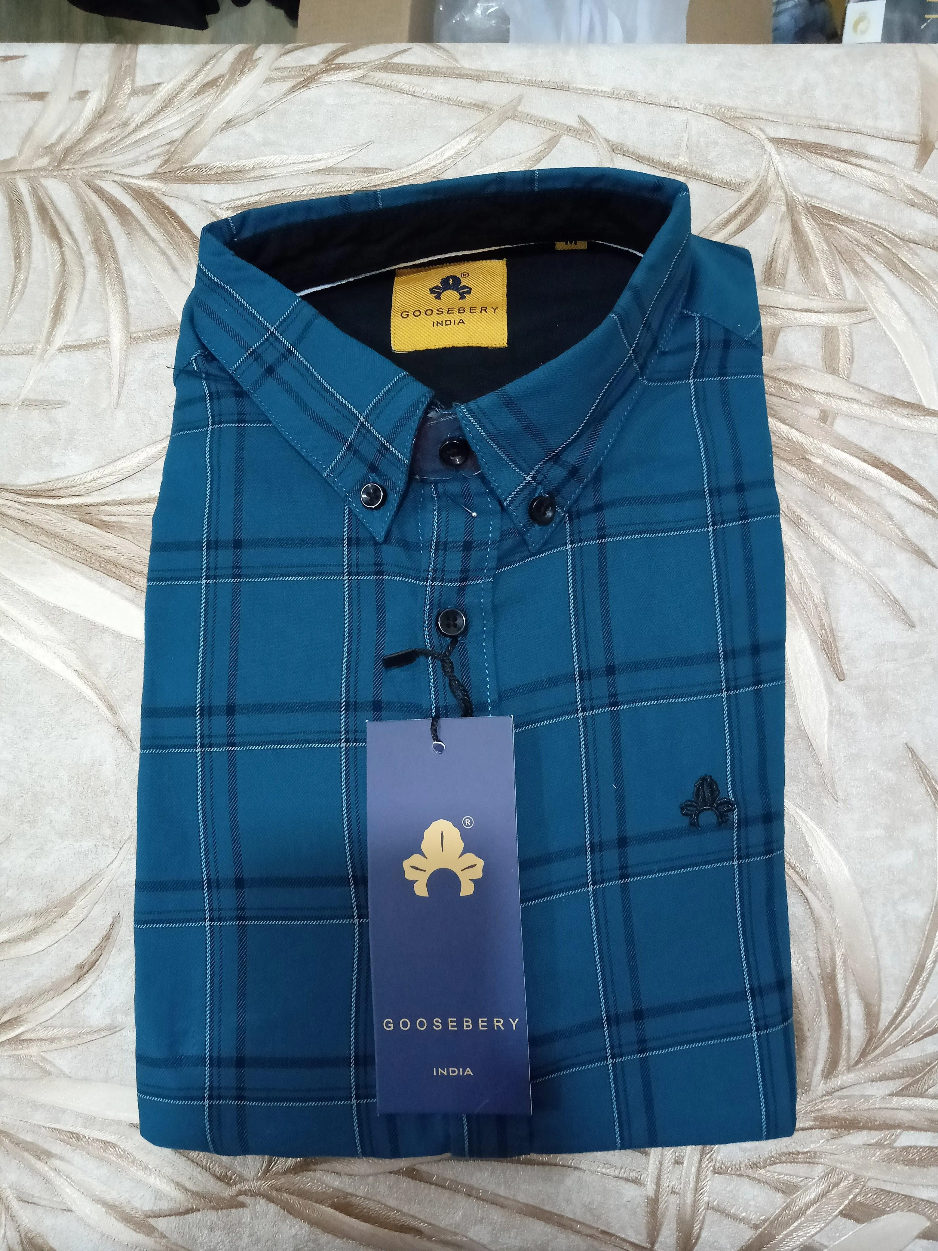 Men Teal Blue Checked Shirt (GBM9003)