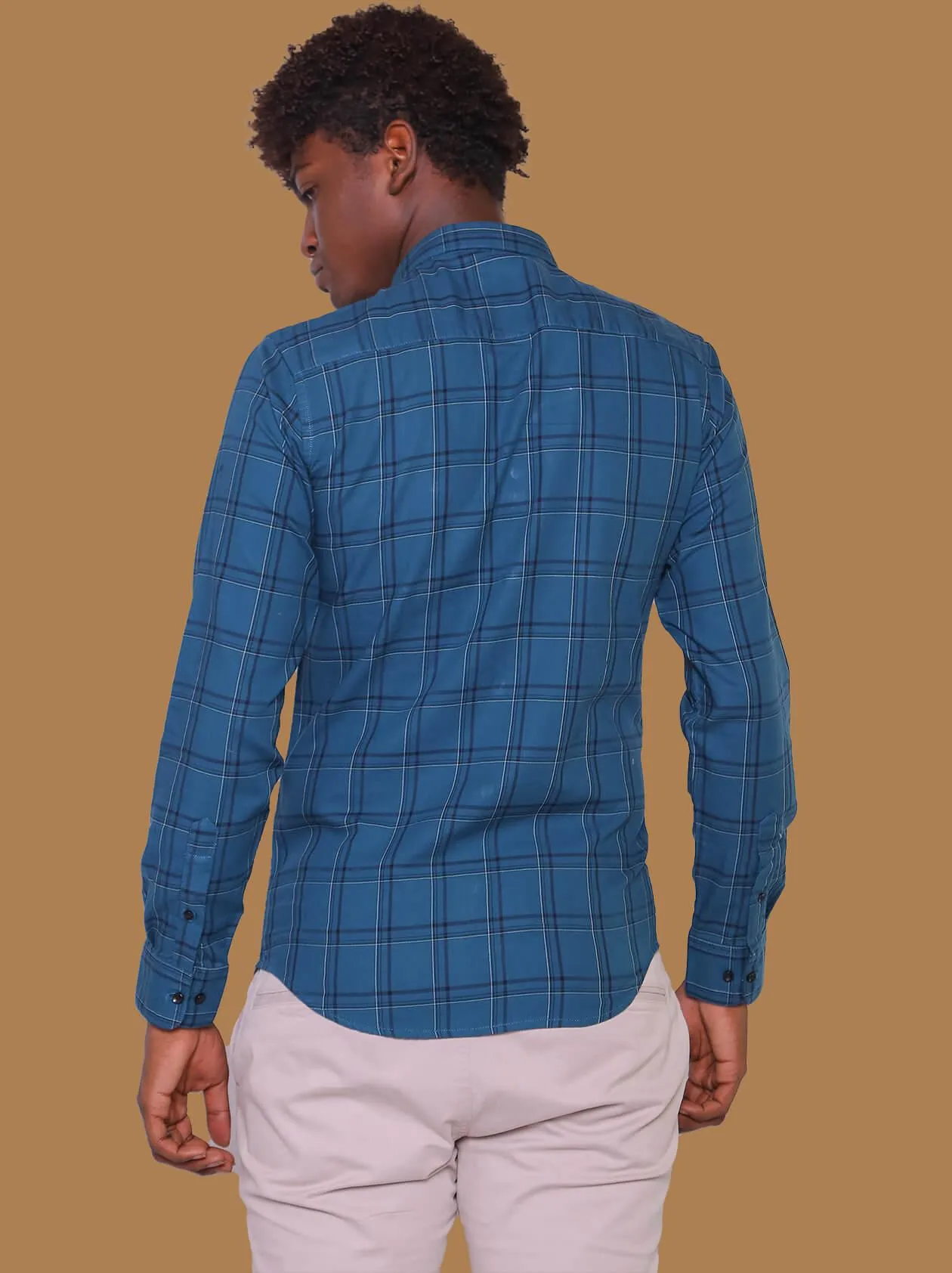 Men Teal Blue Checked Shirt (GBM9003)