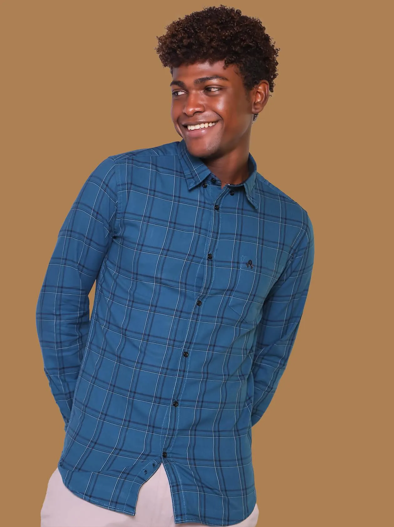 Men Teal Blue Checked Shirt (GBM9003)