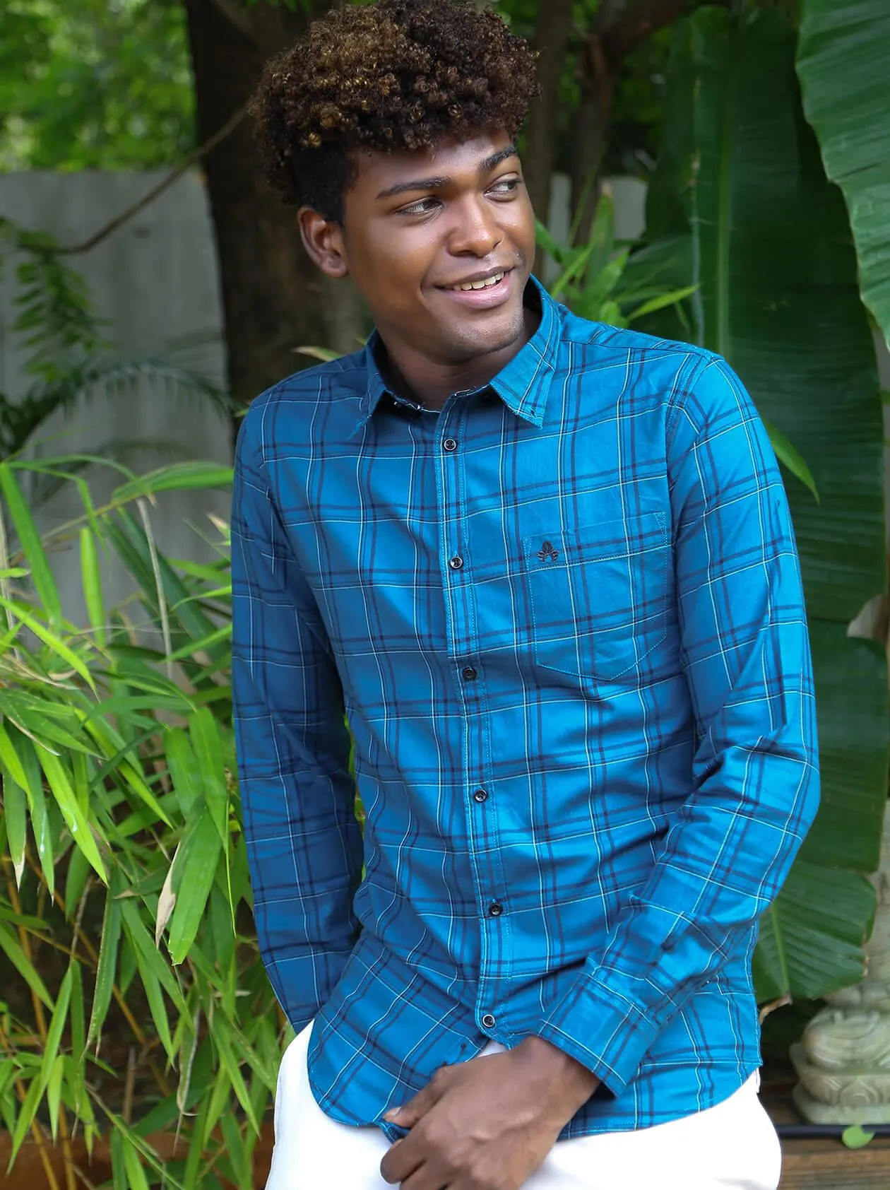 Men Teal Blue Checked Shirt (GBM9003)
