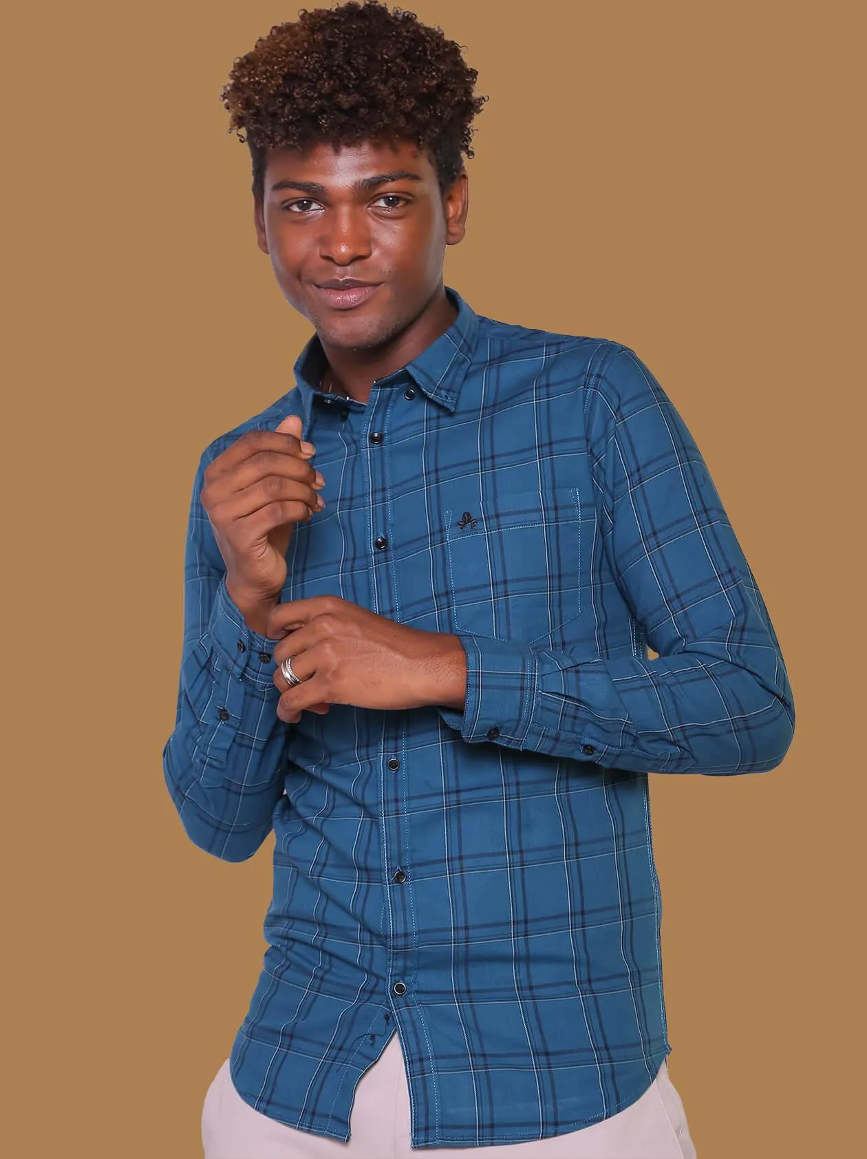 Men Teal Blue Checked Shirt (GBM9003)