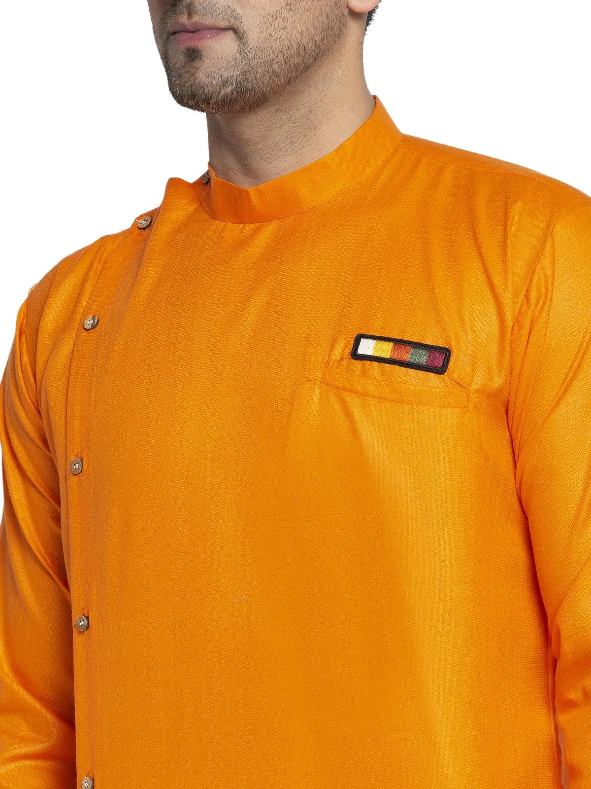 Men's Cotton Orange Asymmetric Solid Kurta With White Trousers - Benstoke