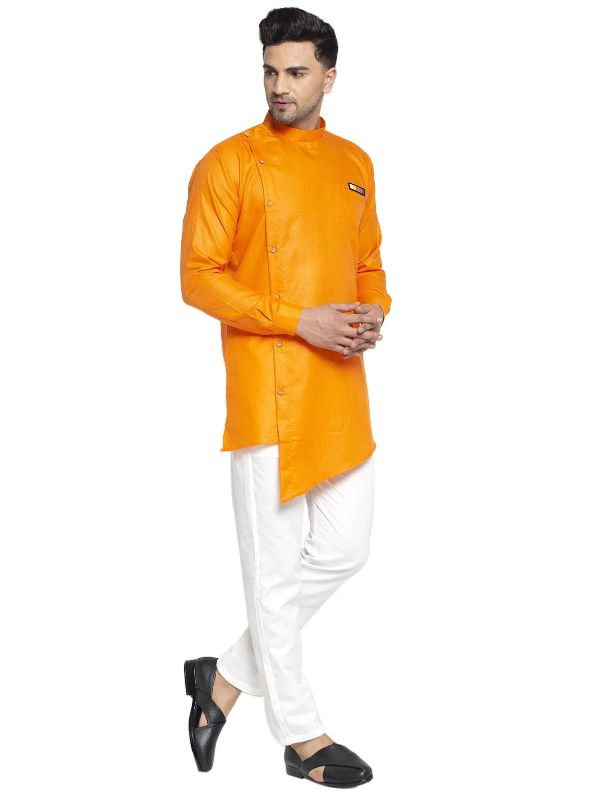 Men's Cotton Orange Asymmetric Solid Kurta With White Trousers - Benstoke