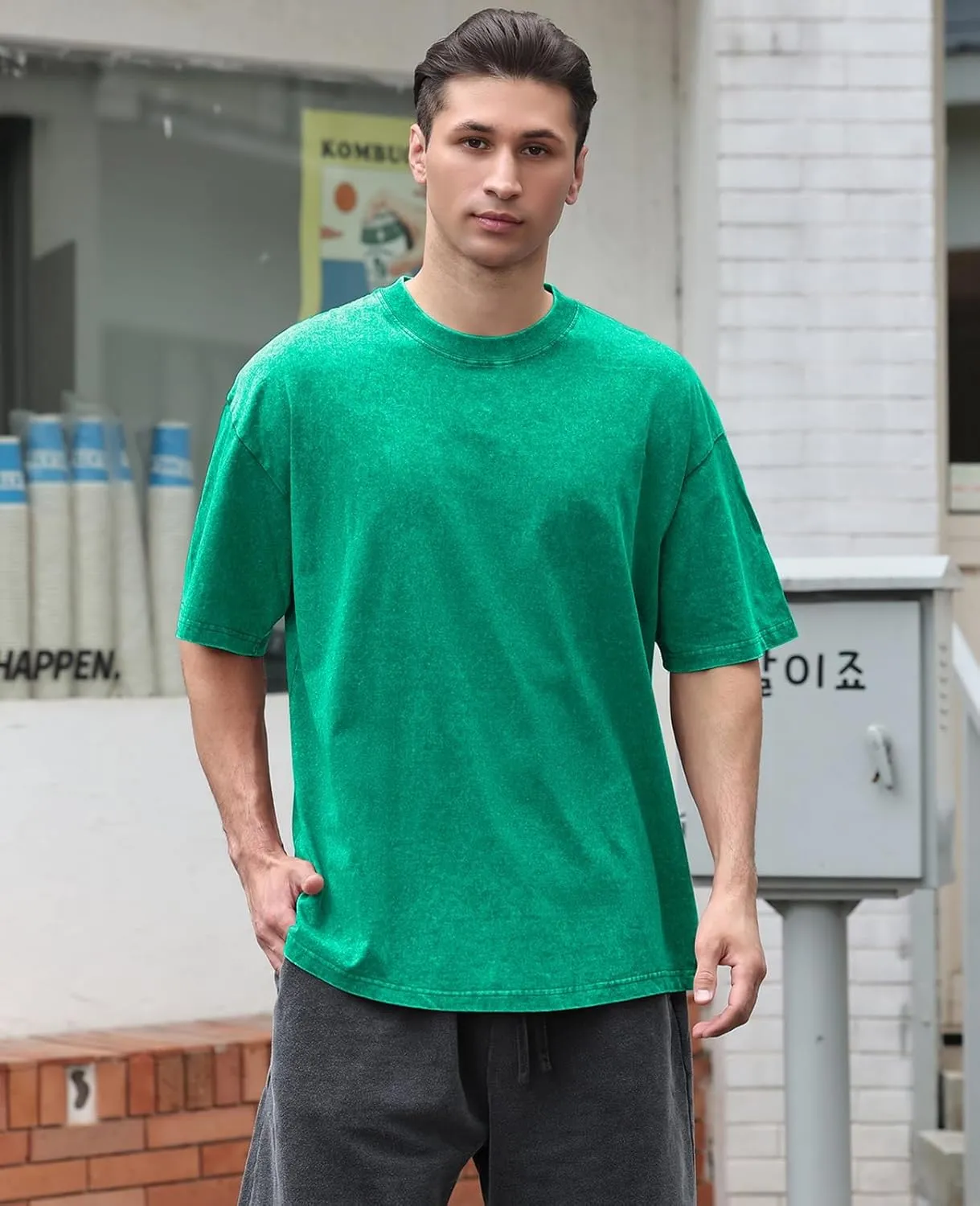 Men's Cotton T-Shirts Oversized Unisex Short Sleeves Casual Loose Wash Solid Basic Tee Tops
