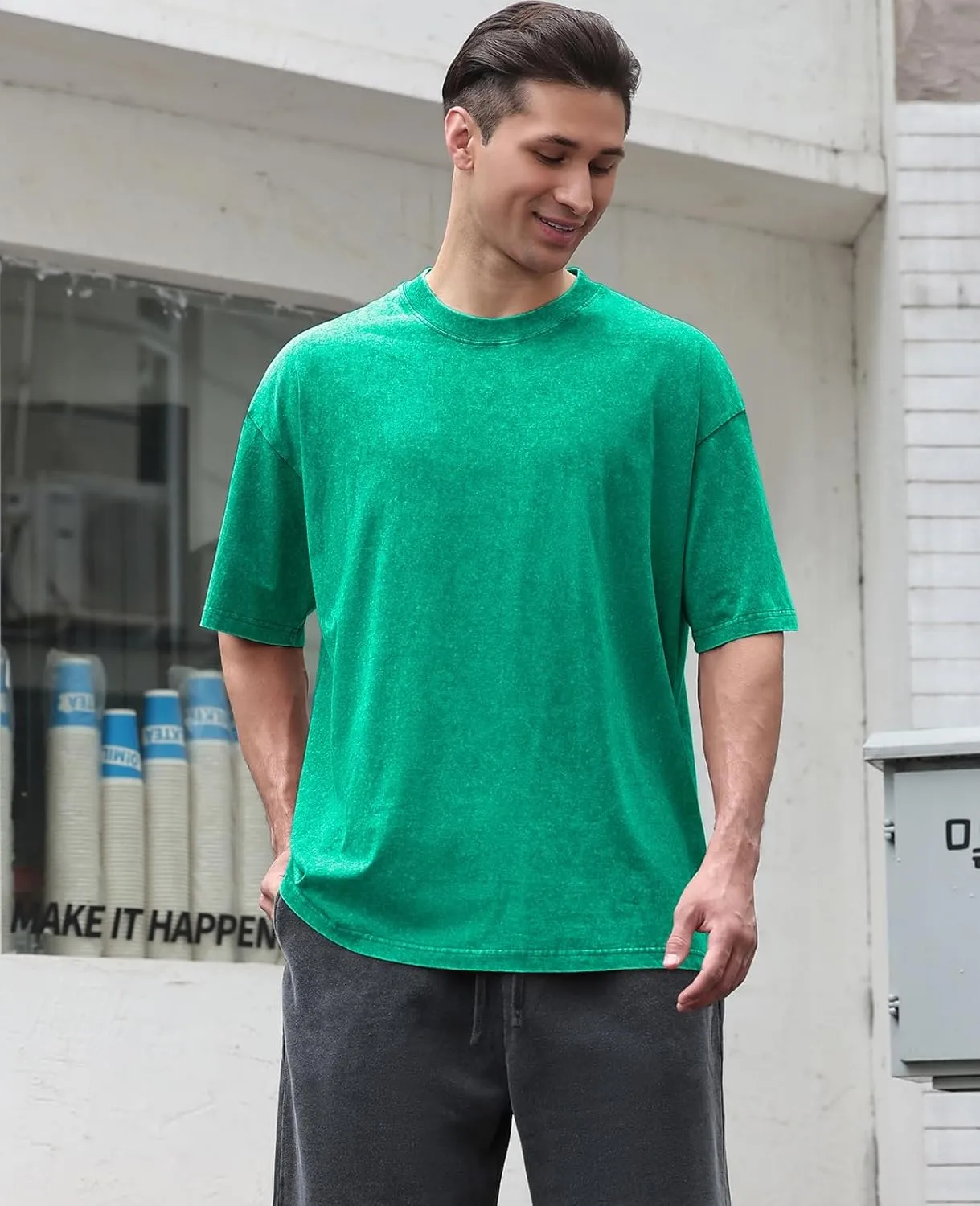 Men's Cotton T-Shirts Oversized Unisex Short Sleeves Casual Loose Wash Solid Basic Tee Tops