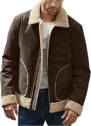 Mens Winter Coats, Mens Vintage Bomber Jacket Sherpa Lined Heavyweight Shearing Coat Baggy Thick Fleece Jackets
