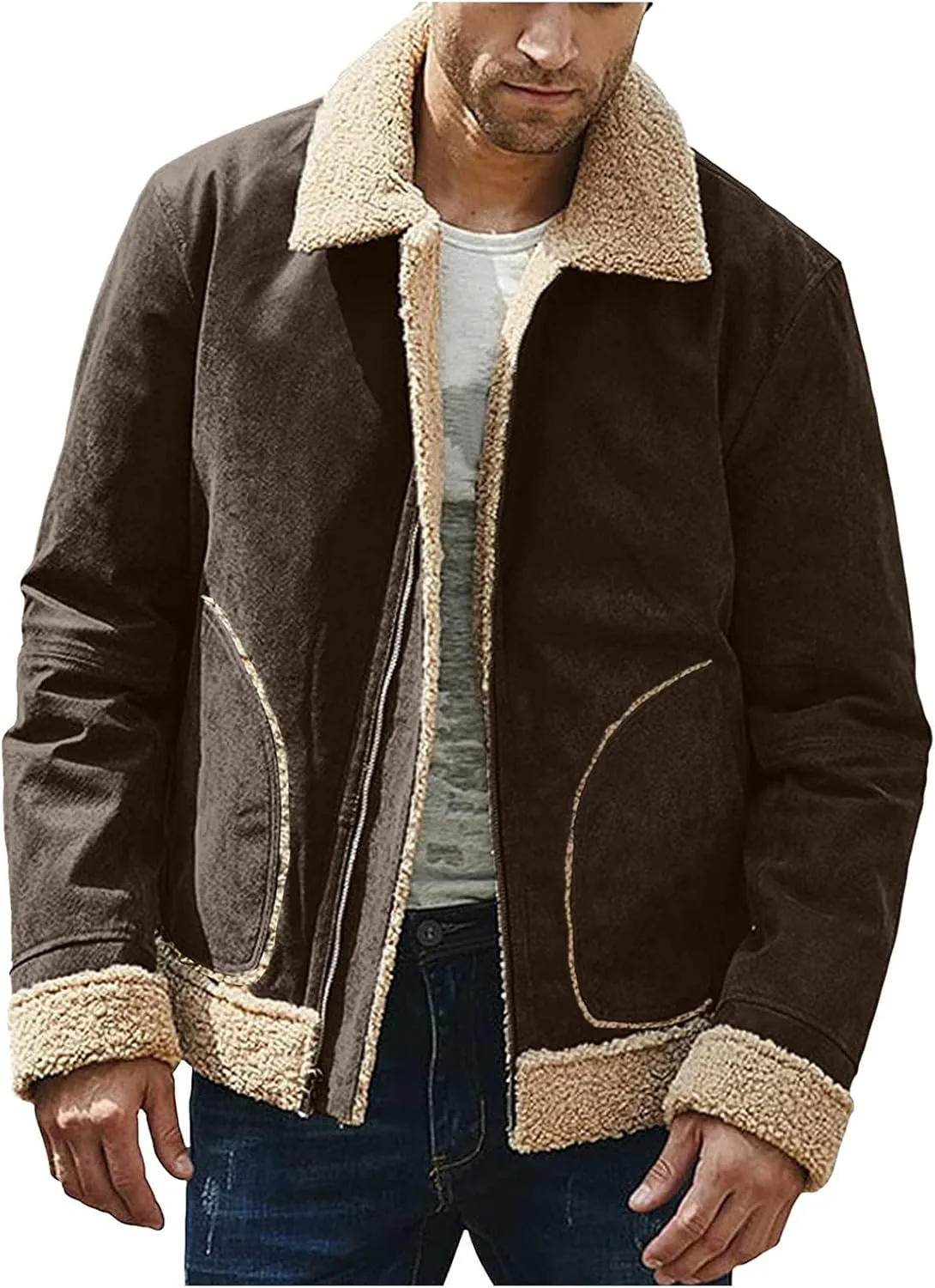 Mens Winter Coats, Mens Vintage Bomber Jacket Sherpa Lined Heavyweight Shearing Coat Baggy Thick Fleece Jackets