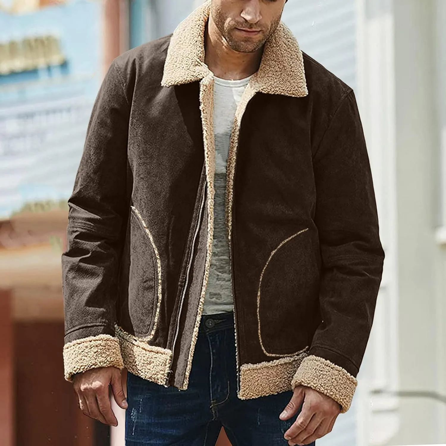 Mens Winter Coats, Mens Vintage Bomber Jacket Sherpa Lined Heavyweight Shearing Coat Baggy Thick Fleece Jackets