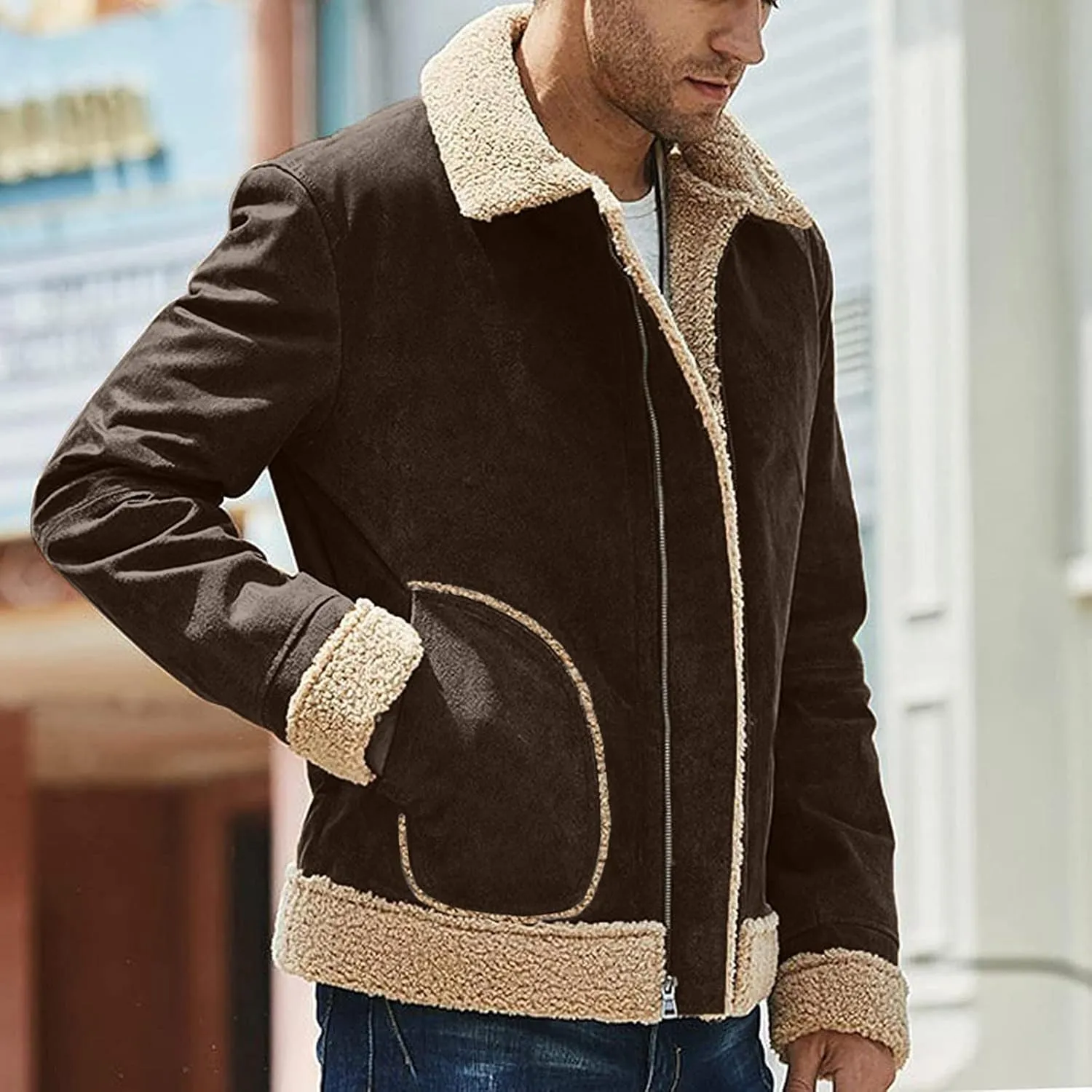 Mens Winter Coats, Mens Vintage Bomber Jacket Sherpa Lined Heavyweight Shearing Coat Baggy Thick Fleece Jackets