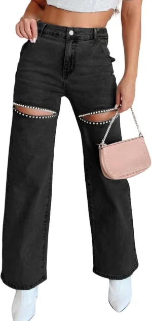 Unybwonn Women High Waist Baggy Ripped Jeans Rhinestone Trim Bling Denim Pants Y2k Straight Wide Leg Pants Streetwear