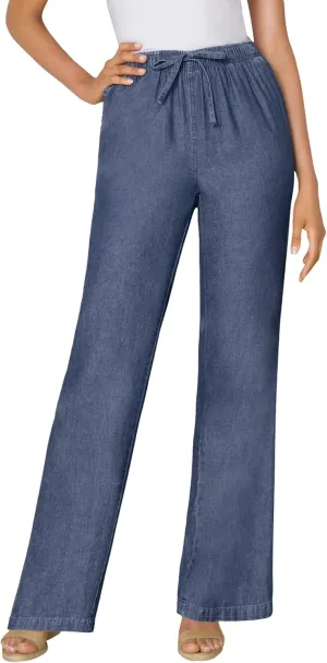 Woman Within Plus Size Drawstring Denim Wide-Leg Denim Pant